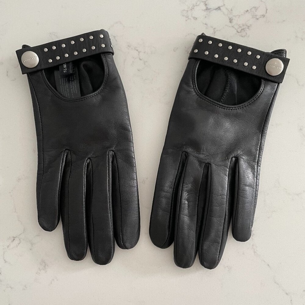 All Saints 1 BTL Stud Driver Gloves Goat Leather Silver Nail Head Studs Black S